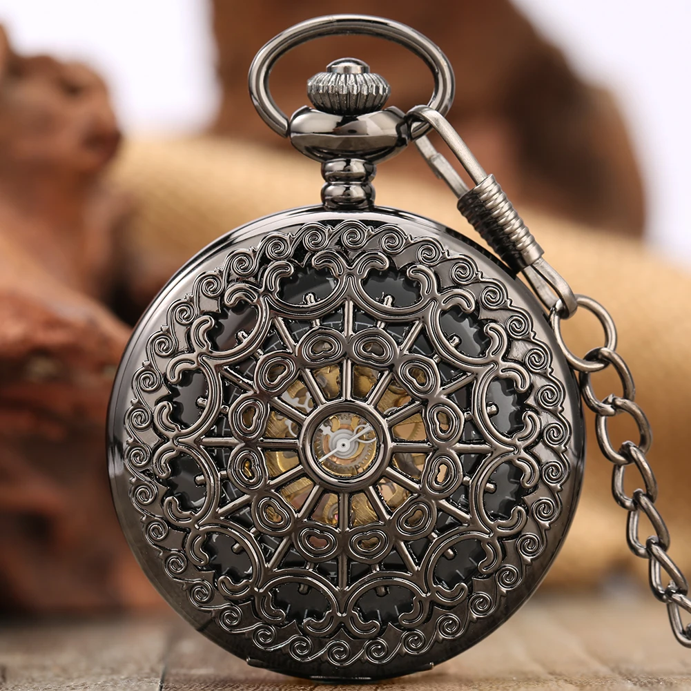 Hollow Spider Web Roman Numerals Display Manual Mechanical Pocket Watch Black Fob Chain Antique Pendant Hand-Winding Timepiece
