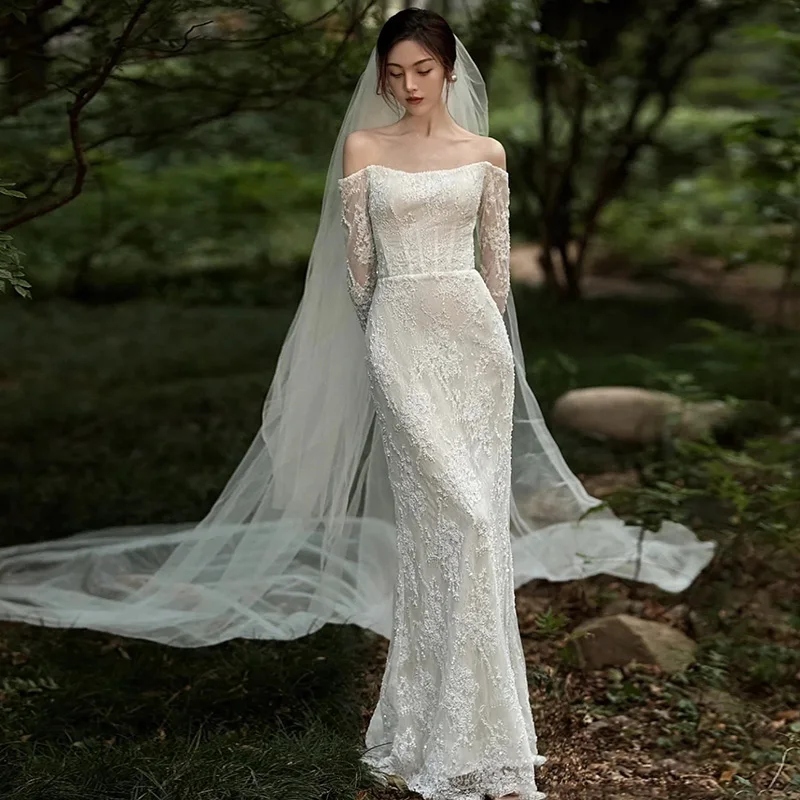 

2023 0ff Shoulder Bride Dresses Lace Mermaid Wedding Dress Photo-Shooting Tour Long Sleeves Lace Robe De Mariée Gown Bridal