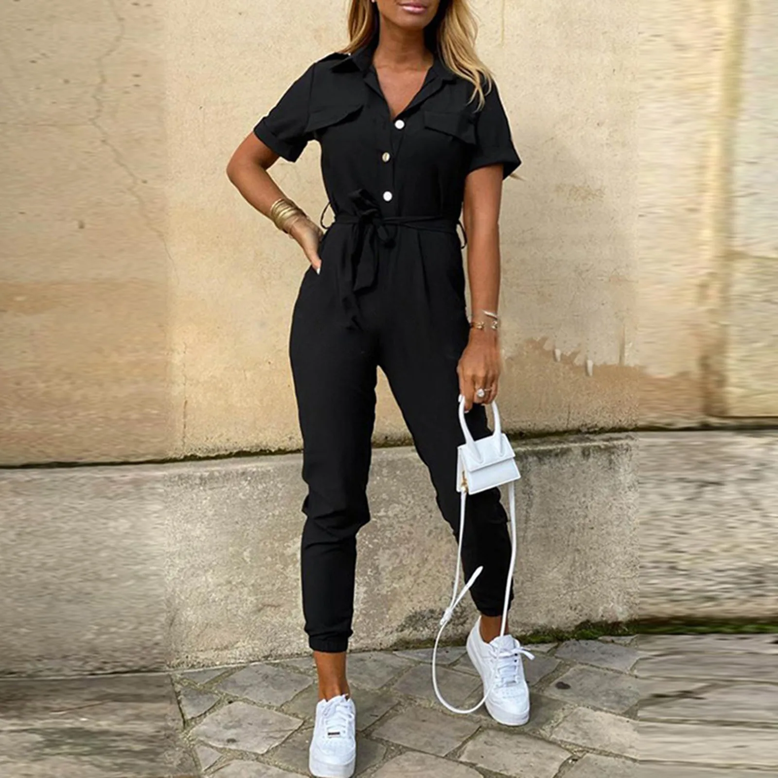 

Women Jumpsuits Rompers Casual Solid Color Lapel Belt Short Sleeve Bodysuit Rompers Skinny Rompers Summer Office Overalls