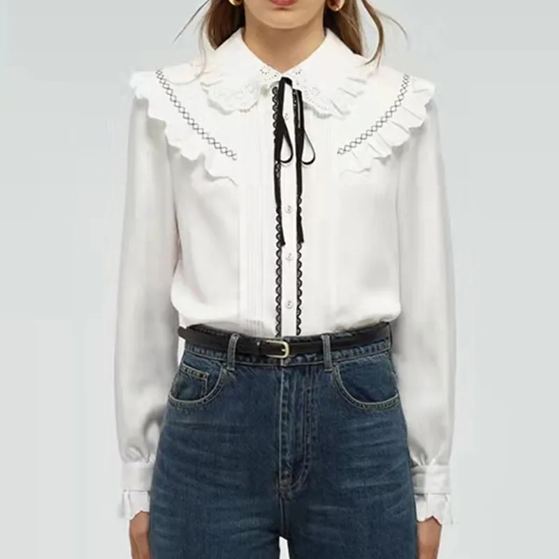 

2022 Spring and Summer New Elegant Vintage Court Style Lace Collar Long Sleeve Temperament Shirt
