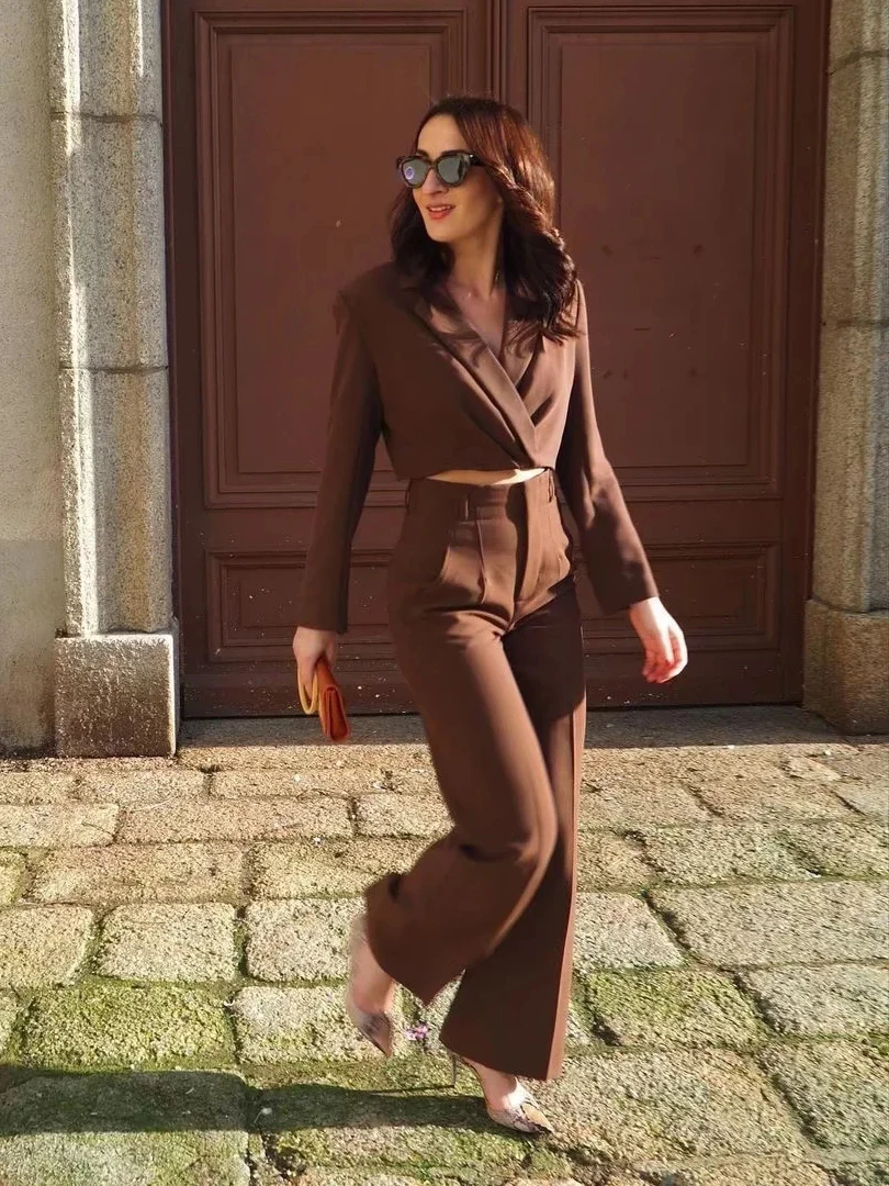 

Fashion Women Brown Cropped Blazer Jacket With Shoulder Pads Casual Girls High Waist Straight Long Trousers Set Streetwear