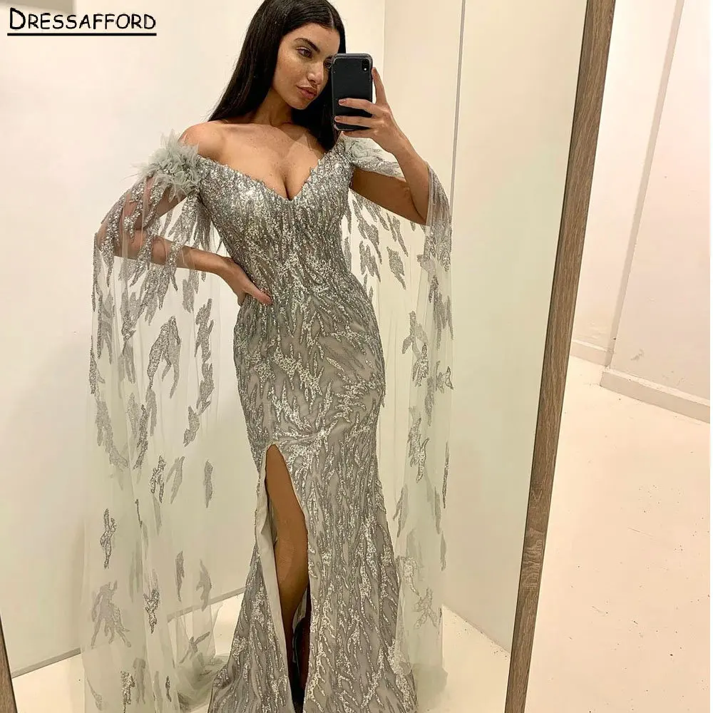 

Silver Illusion Sequined Beading Feathers Dubai Evening Dress Sheath Side Split Ribbons Saudi Arabic Formal Party Gown