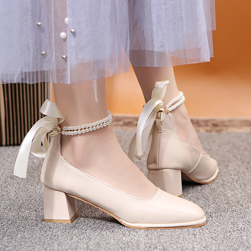 

2022 New Ladies High Heels Bow Fairy Wind Heel Thick Heels Casual Women's Mary Jane Women's Shoes Women's Shoes