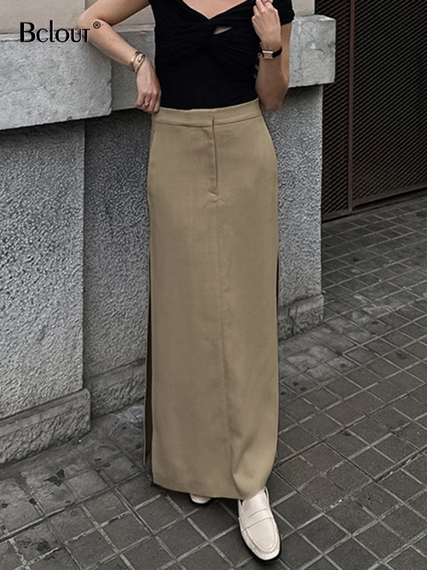 

Bclout Fashion Slit Khaki Skirts Female Elegant Pockets Office Lady Solid Straight Skirts Autumn Sexy Long Skirts Women Vintage