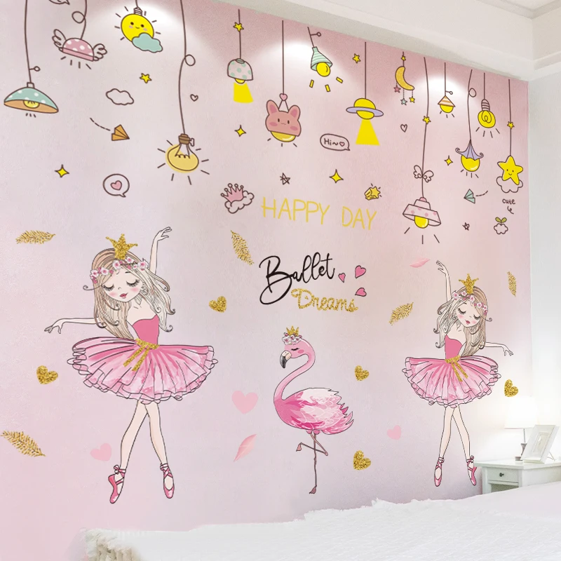 

[SHIJUEHEZI] Ballet Girl Dancer Flamingos Wall Stickers DIY Chandelier Lights Wall Decals for Kids Rooms Nursery Home Decoration