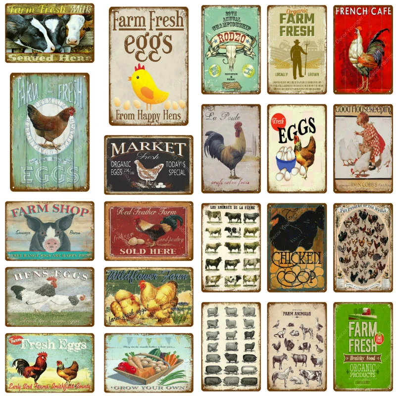 

Fresh Eggs Milk Metal Sign Farm Shop French Cafe Home Wall Decor Vintage Poster Tin Plate Happy Chicken Retro Plaque YJ119