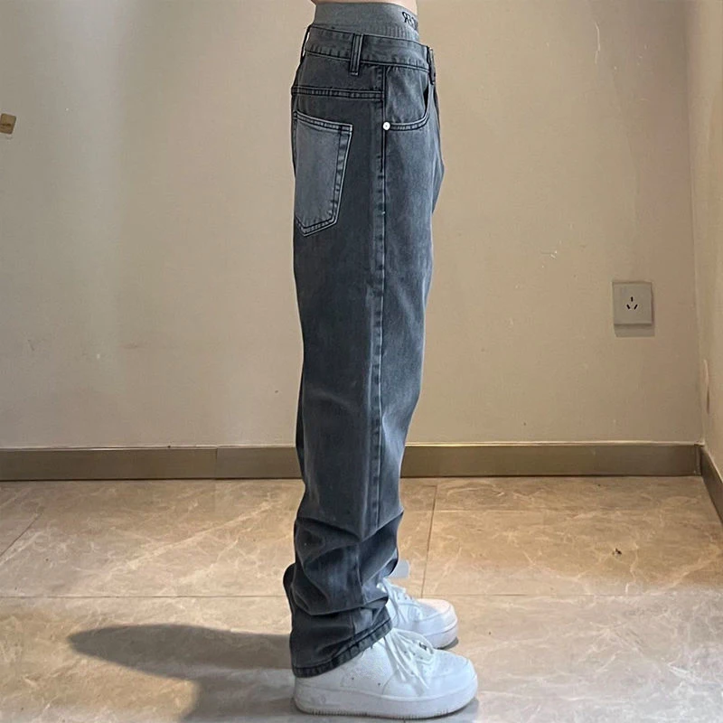 Retro Washed And Old Smoke Gray Stitching Jeans Slim Straight Casual Trousers Men And Women Spring New mens jeans