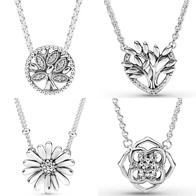

Original 925 Sterling Silver Rose Petals Daisy Family Tree Of Life Heart Collier Necklace For pandora Bead Charm DIY Jewelry