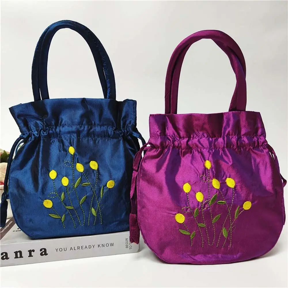 

Chinese Hanfu Embroidery Satin Drawstrings Handbags Women Purse Wallet Flower Bucket Bag Lunch Bag Shopping Bag