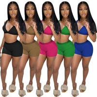 soild color shorts set women two piece sexy tube top bodycon shorts matching set 2022 summer sports fitness out wear