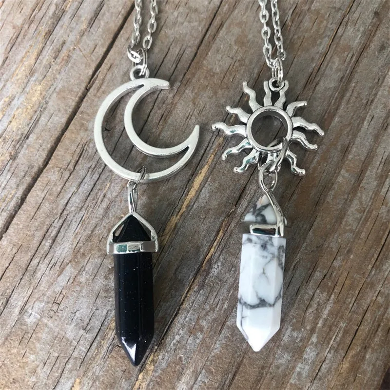 

Couples 2 New European and American Retro Sun Moon Natural Stone Hexagonal Column Crystal Couple Jewelry Necklace