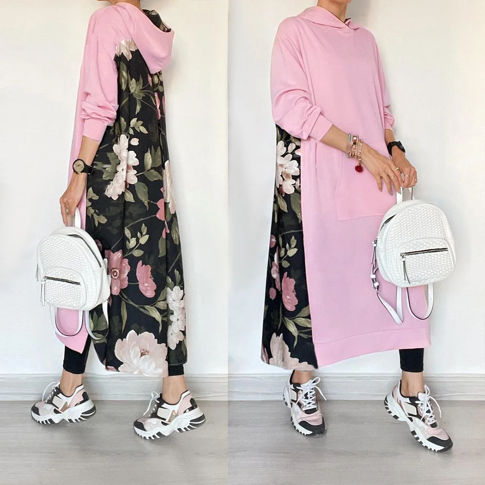 

Stylish Hooded Hoodies Coats Women's Sweatshirt Casual Color Blocking 3/4 Sleeve Outwears Floral Print Winter Autumn Muslim Robe