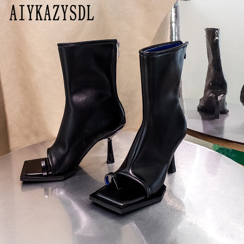 

AIYKAZYSDL High Quality Spring Summer Bootie Women Square Toe Clip High Top Ankle Boots Gladiator Sandals Med Heel Shoes 2023