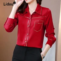 spring summer long sleeve lapel high end women shirt bronzing edge silk red elegant top 2022 new urban female cardigan blouses