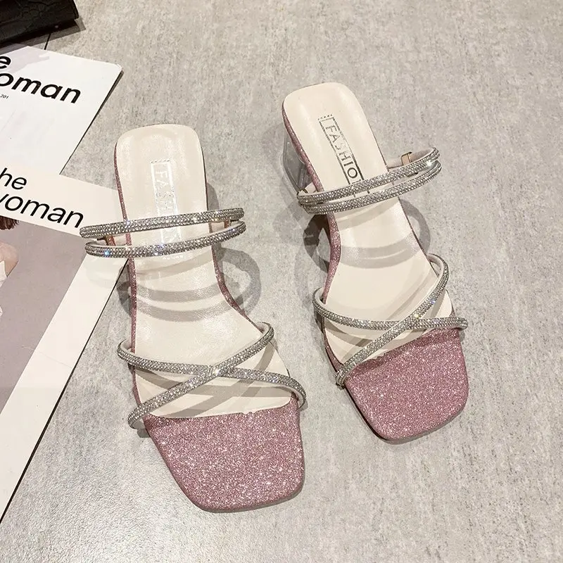 

Spring Shoes Female Sandal High Heels Med 2022 Summer Girls High-heeled Fashion Medium Comfort Rhinestone Low Block Beige Elas