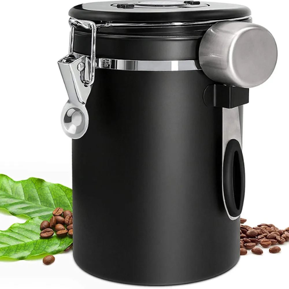 

1.5L Or 1.8L Stainless Steel Coffee Bean Sealed Jar Airtight Container Storage Canister With Scoop Black