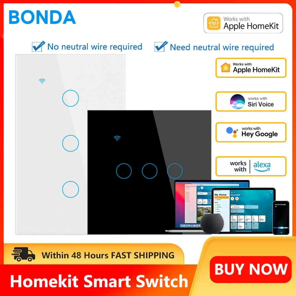 Фото Умный выключатель BONDA Homekit без нейтрали, Wi-Fi, сенсорный, для ЕС/США, голосовое управление Google Home, Alexa, Siri, 220В/110В №1