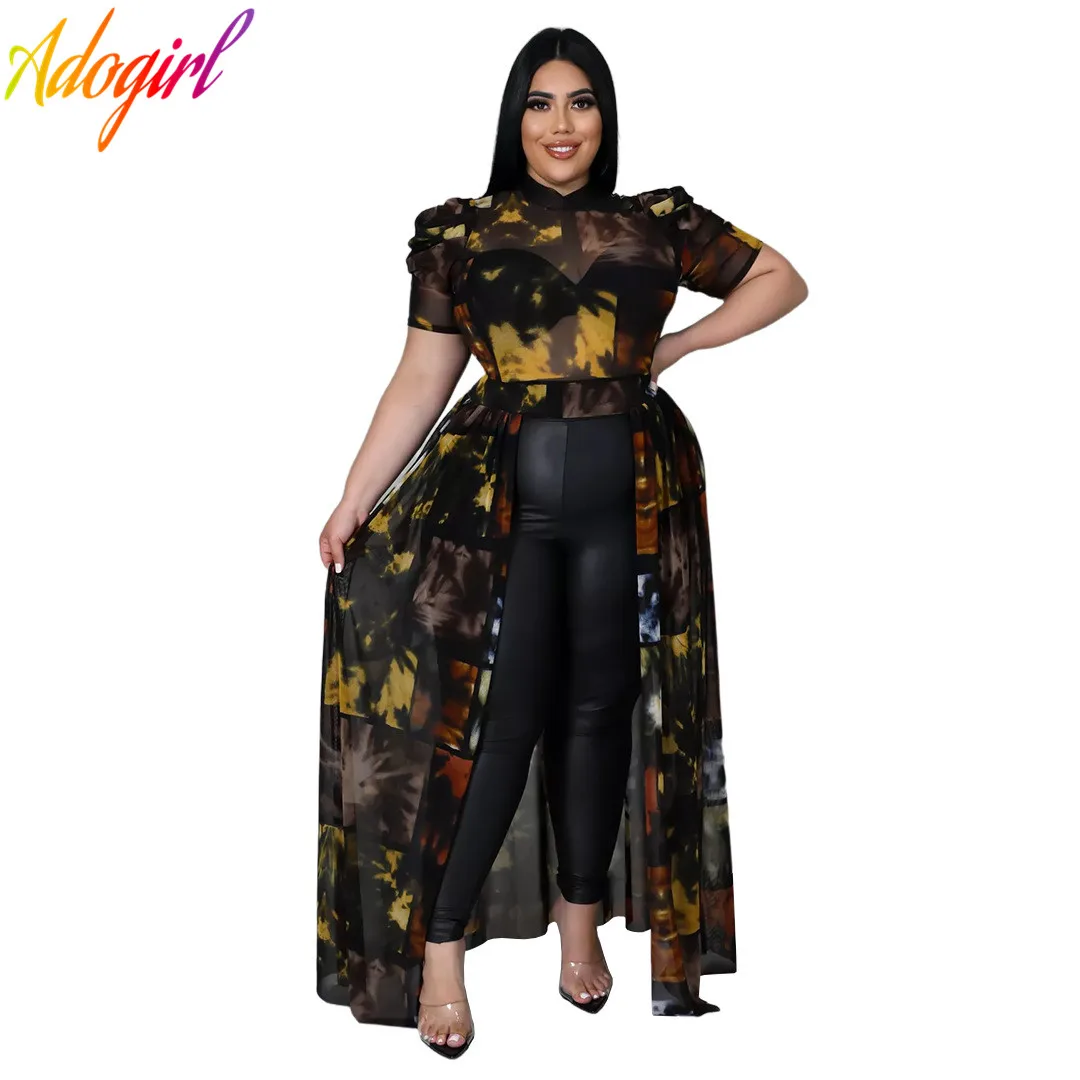 

Adogirl Plus Size Print Sheer Mesh Top Mock Neck Sping Short Sleeve Long Dress Matching Casual Outdoor Streetwear Tees 2022