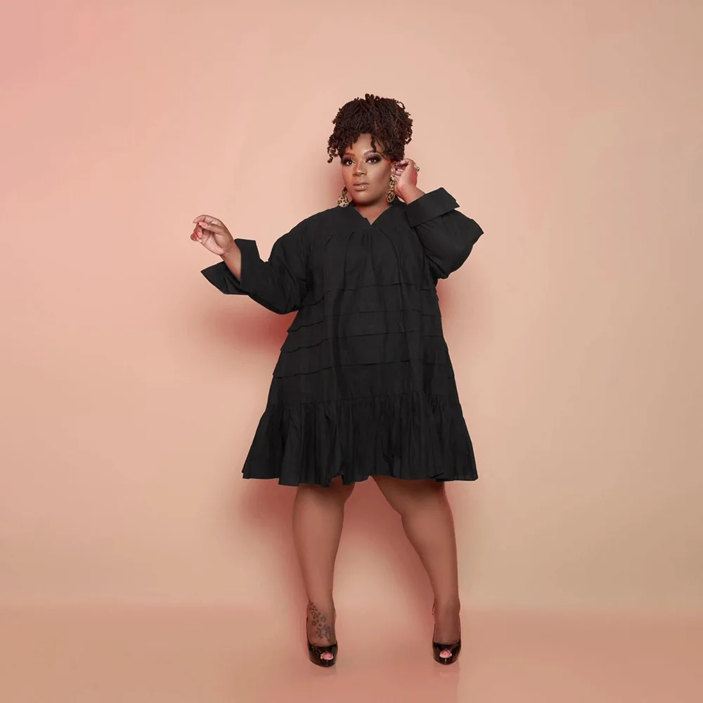 

Повседневное платье до колена с оборками большого размера, женские осенние платья с длинным рукавом, свободный сарафан с V-образным вырезом,...