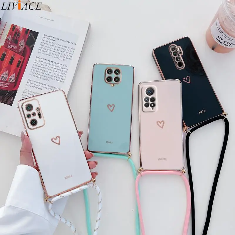 Love Heart Crossbody Lanyard Strap Plating Phone Case On For Xiaomi Redmi Note 10 Pro 11 8 9 Pro Max 7 Redmi 9 9A 9T 9C Cover