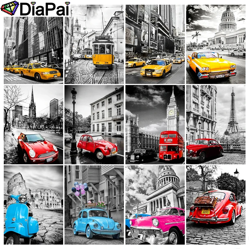 

DIAPAI Diy Full Square Round Drill 5D Diamond Painting Cross Stitch Diamond Embroidery "Car House Scenery" Home Decor Gift