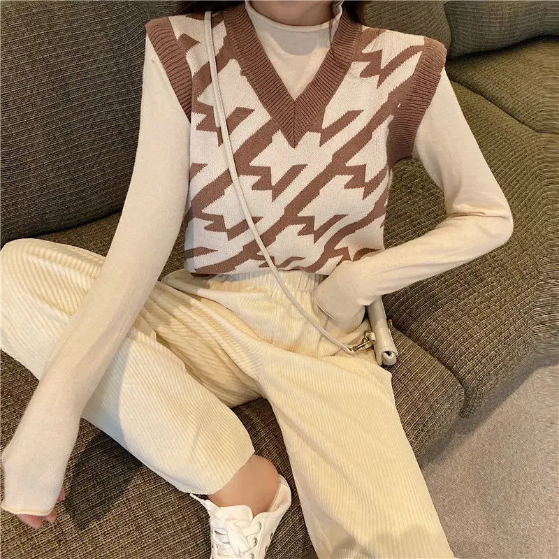 

New Autumn Winter Sweater Vests Women V Neck Clothing Pullover Waistcoat Loose Knit Sweater Vest Women Pullover Striped 28664