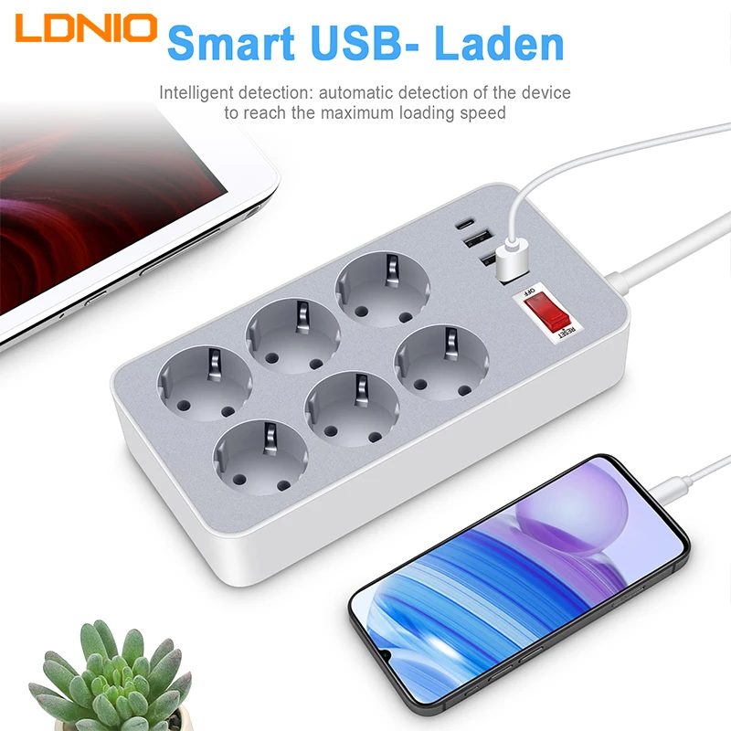 

LDNIO EU Plug Outlet Power Strip With 1.2 Meter Extension 4 USB Outlets Type C PD Ports Multiprise Smart Home Round AC Adapter