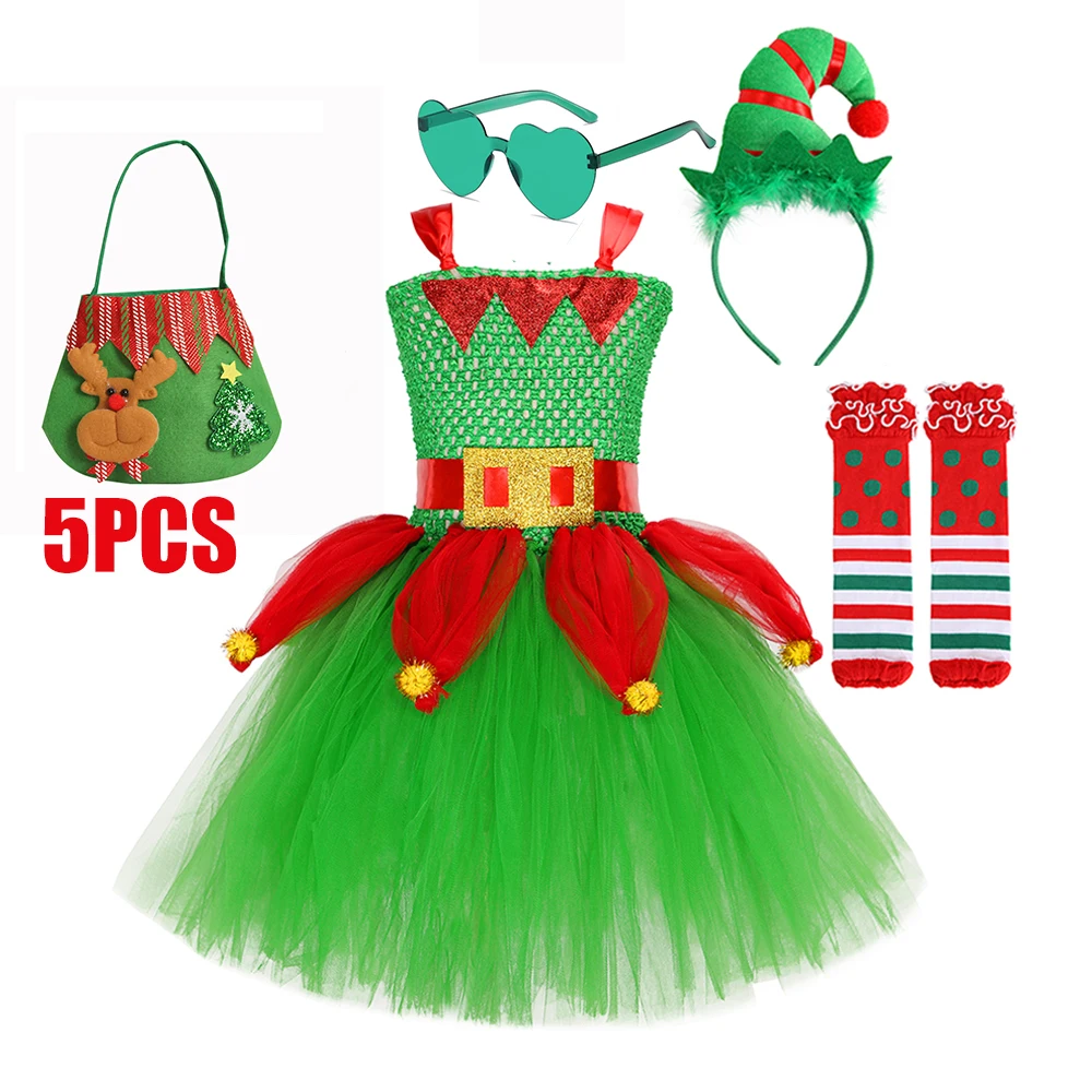 Kids Christmas Tutu Dress for Girl Green Costume Mesh Fluffy Vestidos Xmas Performance Children Clothing New Year Party Outfits