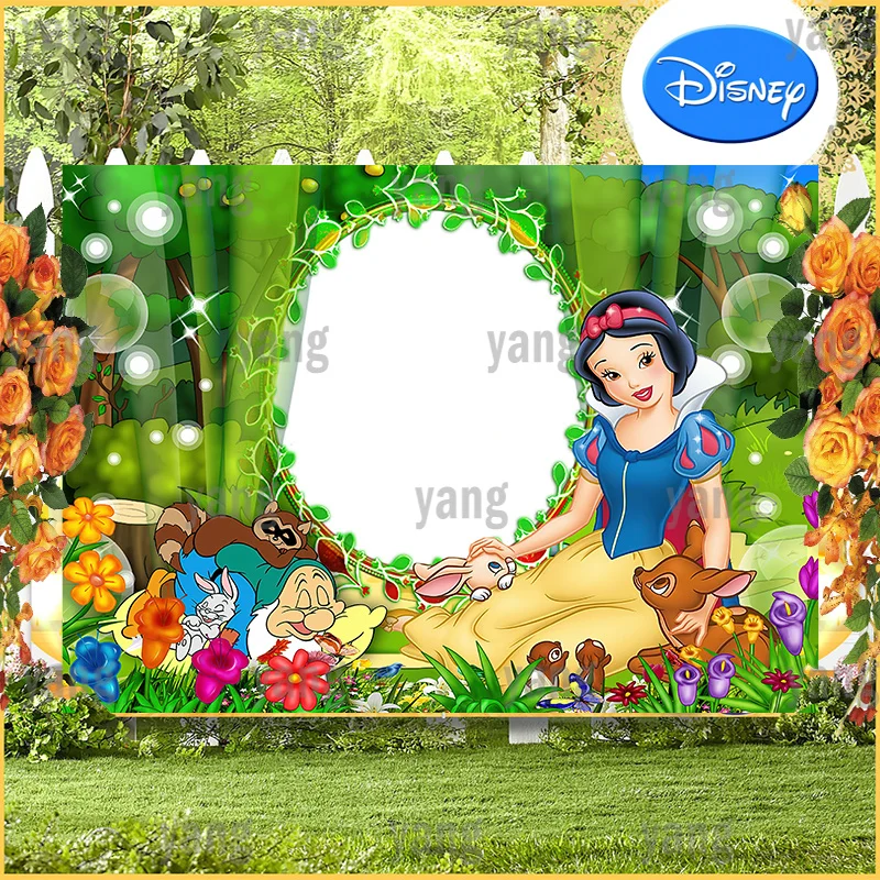 Lovely Custom Disney Seven Dwarfs Princess Snow White Photo Backdrop Forest Garden  Happy Birthday Party Backgrounds Decoration