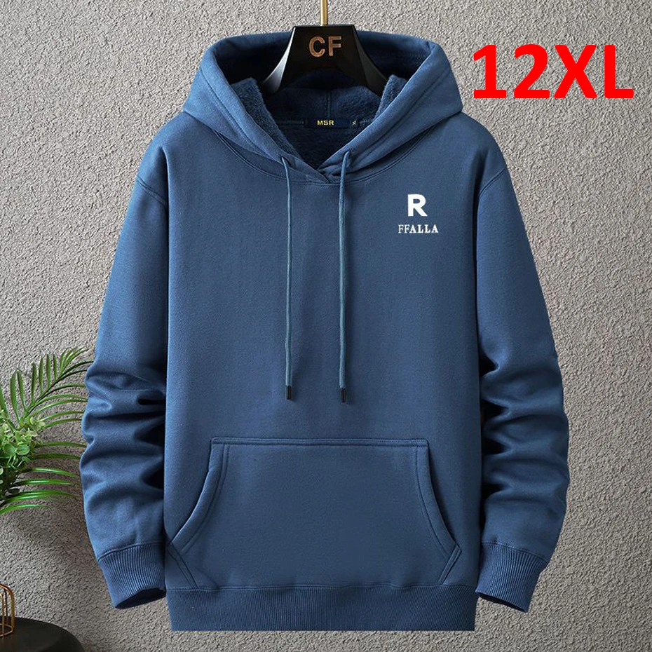 

Autumn Winter Thick Fleece Hoodie Men 12XL 10XL Plus Size Hoodies Male Print Hooded Pullover Big Size 12XL Loose Hoodies Blue