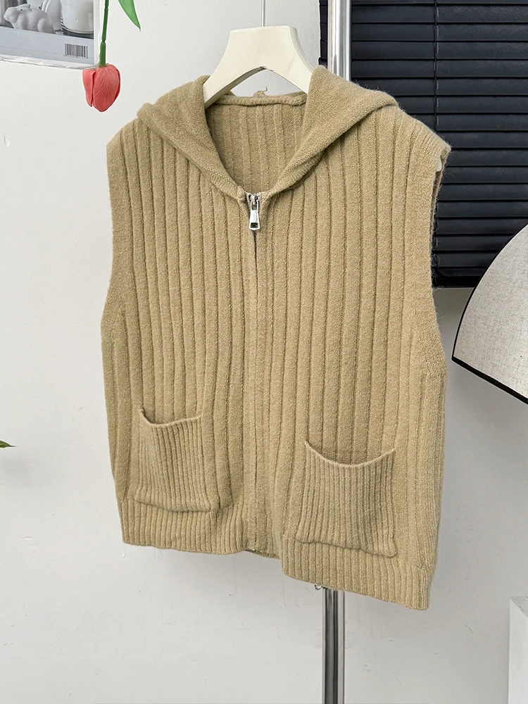 Ретро однотонный свитер с капюшоном жилет модный вязаный кардиган на молнии