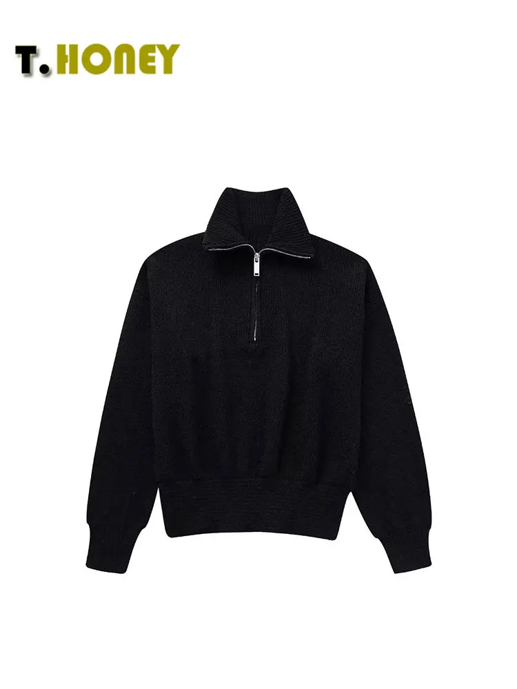 

TELLHONEY Women Fashion Lapel Collar Front Zipper Knitted Pullover Female Casual Long Sleeves Thick Warm Sweater