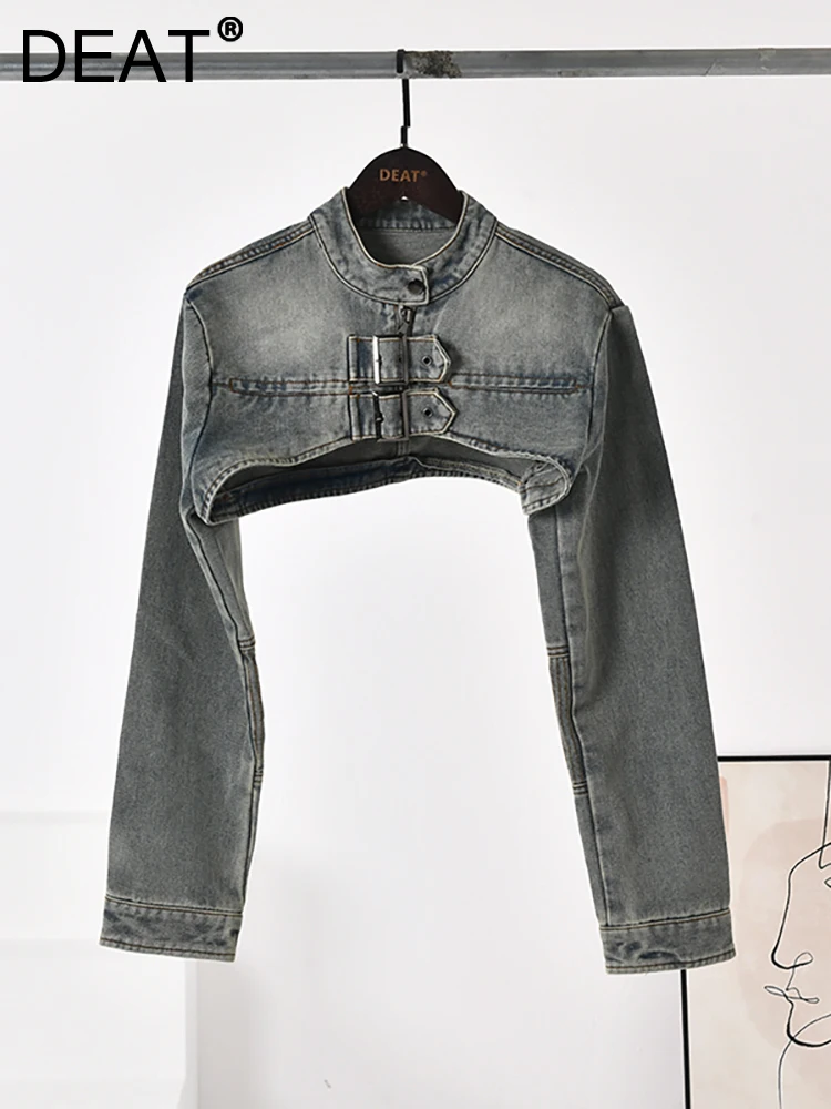 

DEAT Women's Denim Coats Slim Long Sleeve Super Short Jackets High Waist Wrap Hip Mini Skirts 2023 Autumn New Fashion 19F1856