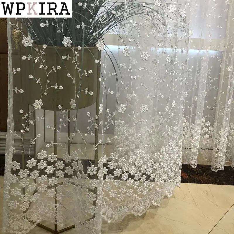 

Романтичная пасторальная белая прозрачная занавеска с цветочным рисунком для гостиной, кружевная сетчатая отделка, занавески для эркера ...