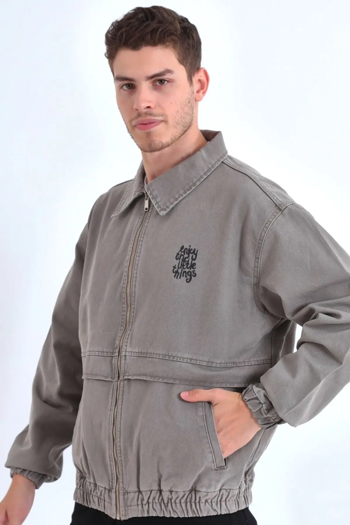 Oversize Toupe Printed Men's Zippered Bomber Denim Jacket