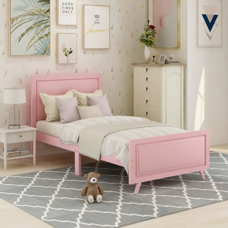 Mattress Foundation With Headboard And Wood Slat Support (pink) Pink Solid Wood