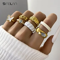 sindlan 7pcs aesthetic white butterfly gold rings for women kpop cute crystal geometric set female y2k fashion jewelry anillos
