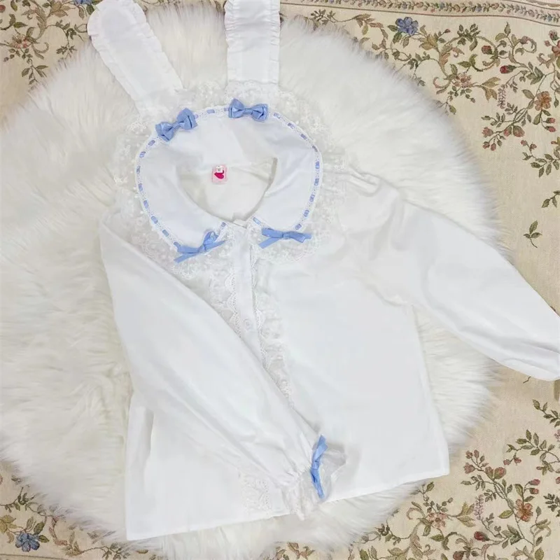 Japanese Fashion Lolita Blouse Women White Long Sleeve Button Baby Doll Shirt Kawaii Bunny Rabbit Ear Lace Peter Pan Collar Tops