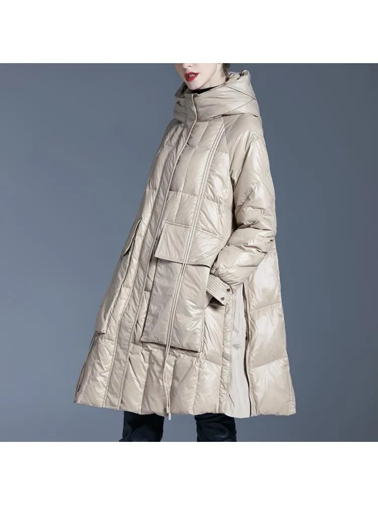 European Station 2022 Winter Long Hooded Thicked 90 White Duck Down Coats Women Black Loose Padded Warmer Cloth Jackets