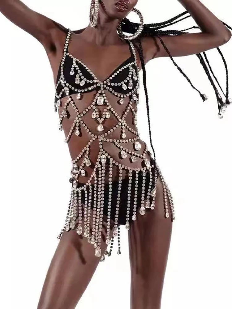 

Sexy Fringe Jumpsuit Diamond Beaded Chain Bodysuit Women Sleeveless Backless Celebrity Designer Party Club Body Chain Dress 2022