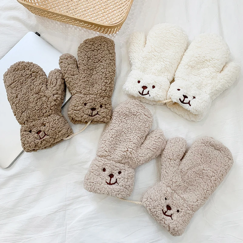 

Women Winter Plush Mittens Cute Bear Fur Gloves Imitation Lamb Wool Soft Glove Warm Thicken All Fingers Mitten Girls Hand Guards