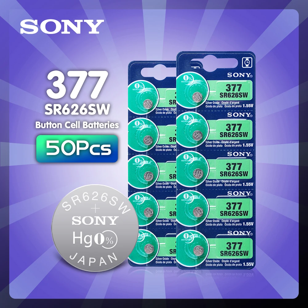 

50 шт., Аккумулятор Sony 377 AG4 LR626 377A sr626sw 1,55 V 626, батарейка для монет, оксид серебра, часы, батареи для часов
