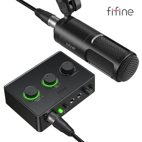 FIFINE Подкаст комплект с динамическим микрофоном/звуковой картой, все-в-одном студийный набор с аудио миксером для ПК инструмент записи Streaming-KS6