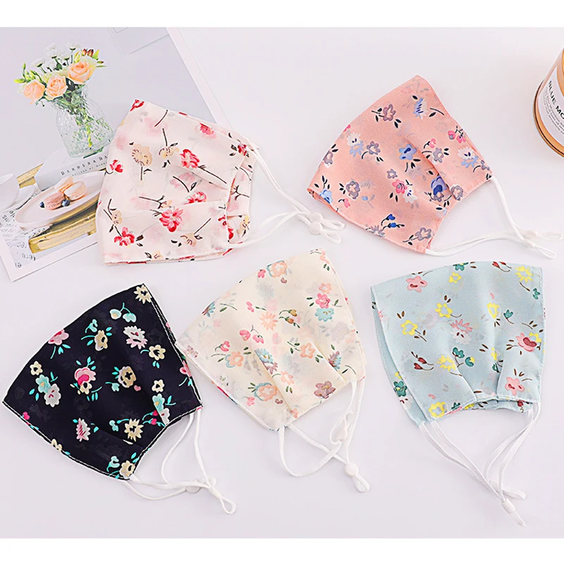 

Women Fashion Floral Chiffon Masks For Face Washable 2Ply Protection Breathable Adult Fabric Sunscreen Dustproof Mouth Mask