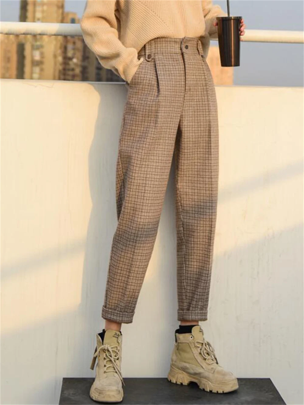 

Брюки-карандаш женские клетчатые прямые до щиколотки, свободные брюки-султанки с завышенной талией, уличная одежда в английском стиле, одежда для женщин