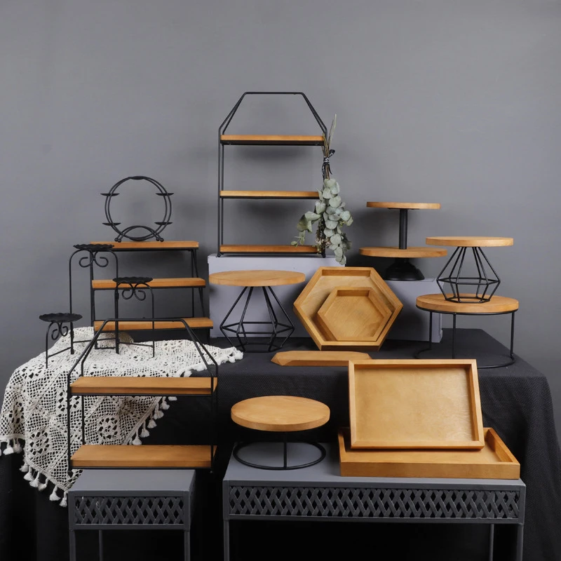 

Geometric Original Wooden Iron Wedding Birthday Decoration Cake Display Stand Plate Home Dinnerware Food Dessert Sushi Tray