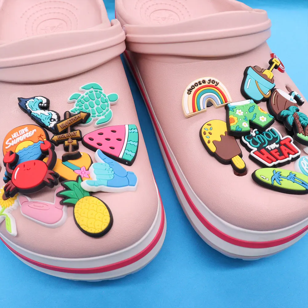 

Оптовая продажа, 50 шт., подвески для обуви из ПВХ, летние аксессуары в виде кокосового дерева, волн, радуги, пряжки для обуви для Croc Jibz, Детские аксессуары