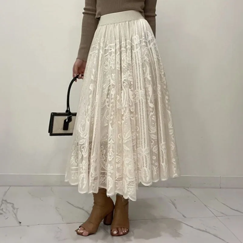 Прозрачная кружевная юбка до середины икры для женщин вязаная крючком в стиле Fendi