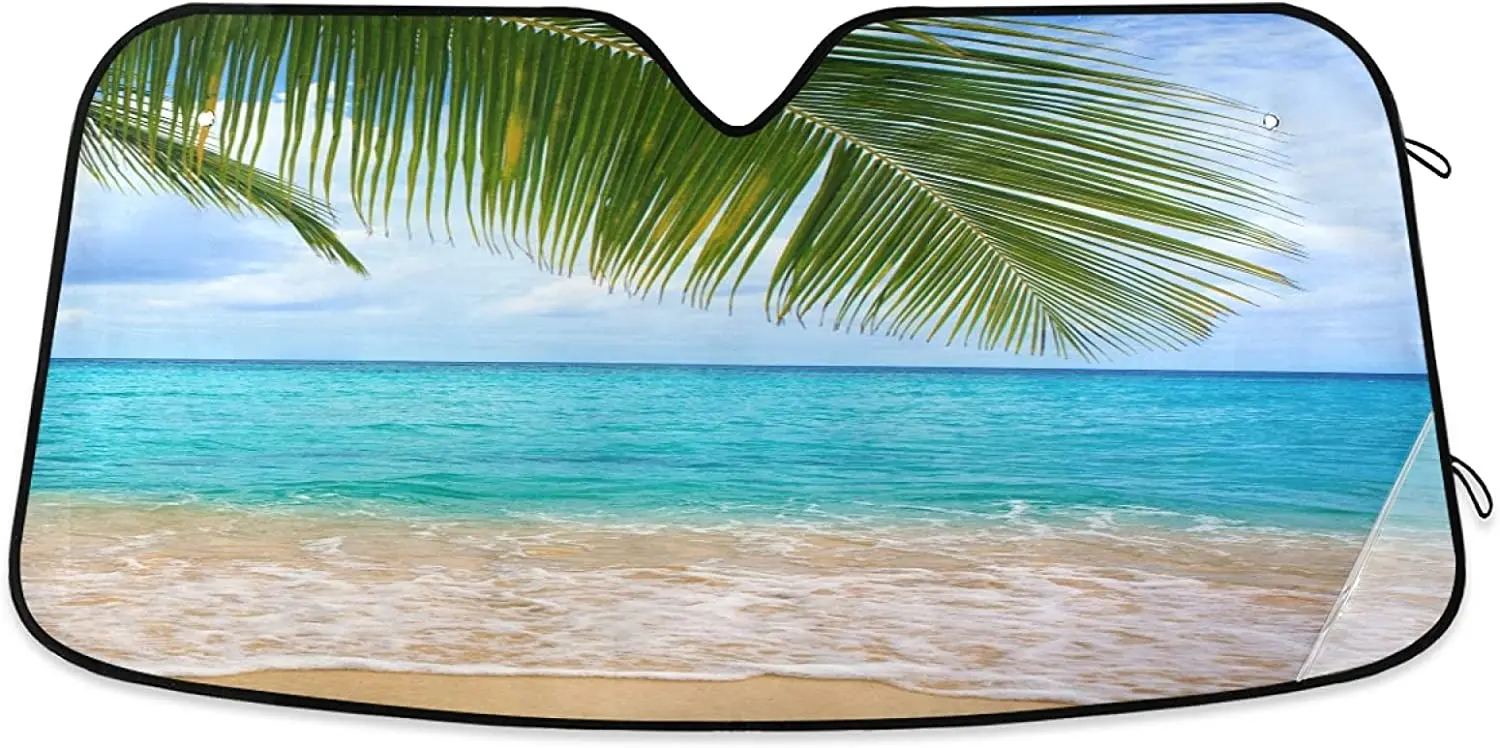 

Sun Shade for Car Windshield Ocean Sea Palm Leaves Foldable Sun Shield Sun Heat and UV Protection Automotive Interior Sun Protec