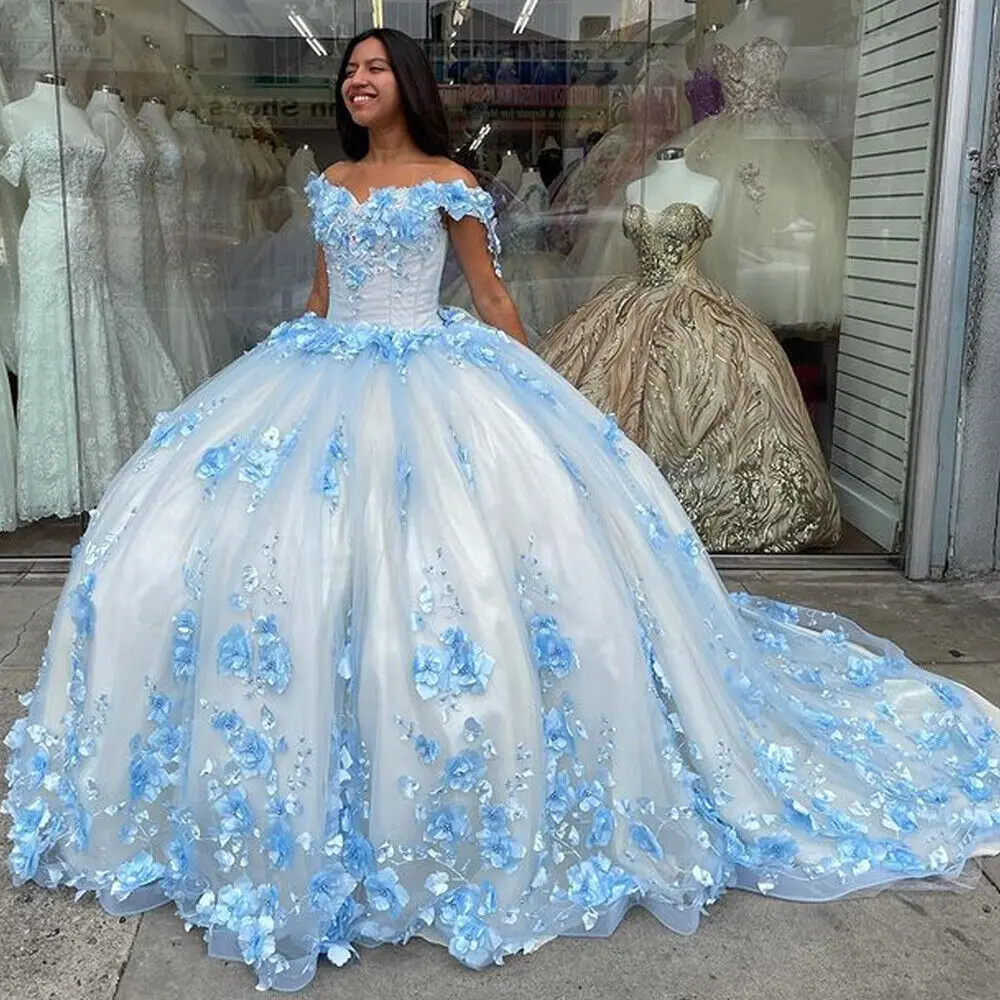 

ANGELSBRIDEP Blue Off The Shoulder Quinceanera Dresses 3D Flowers Appliqued Elegant Ball Gown Pleated Graduation Birthday Party